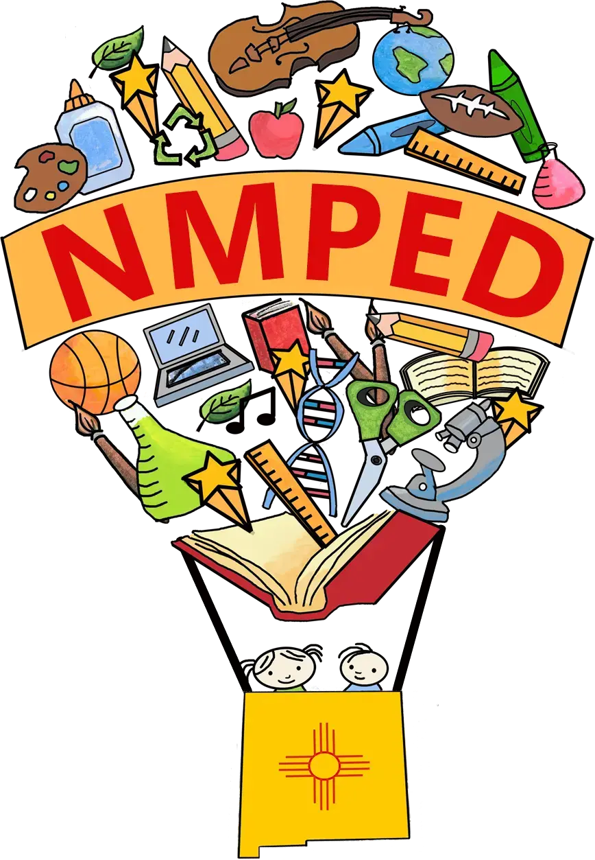 NMPED logo shaped like a hot air balloon filled with educational icons such as books, ruler, microscope, and basketball