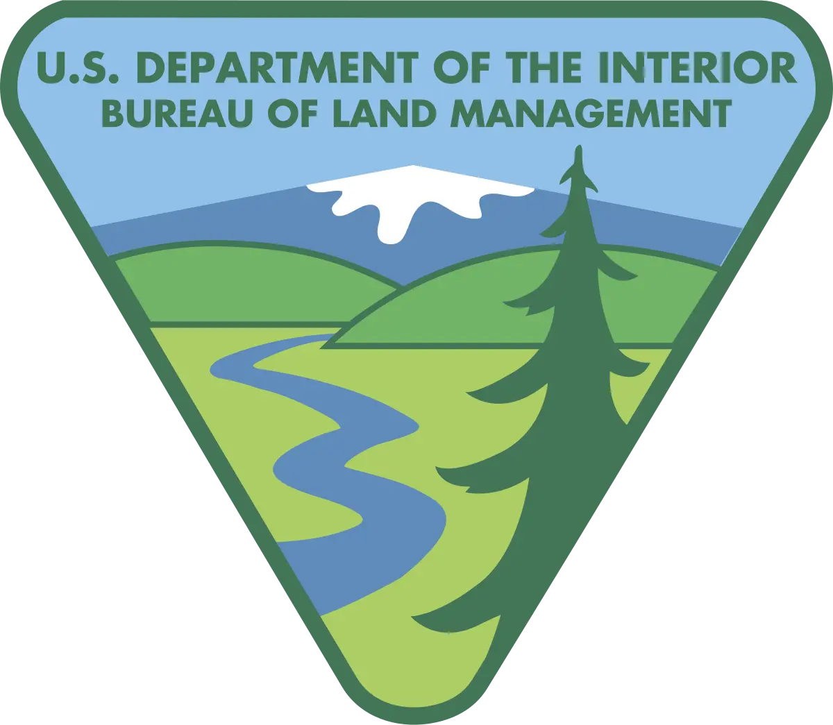 Bureau of Land Management logo with green landscape, blue river, and snowcapped mountain