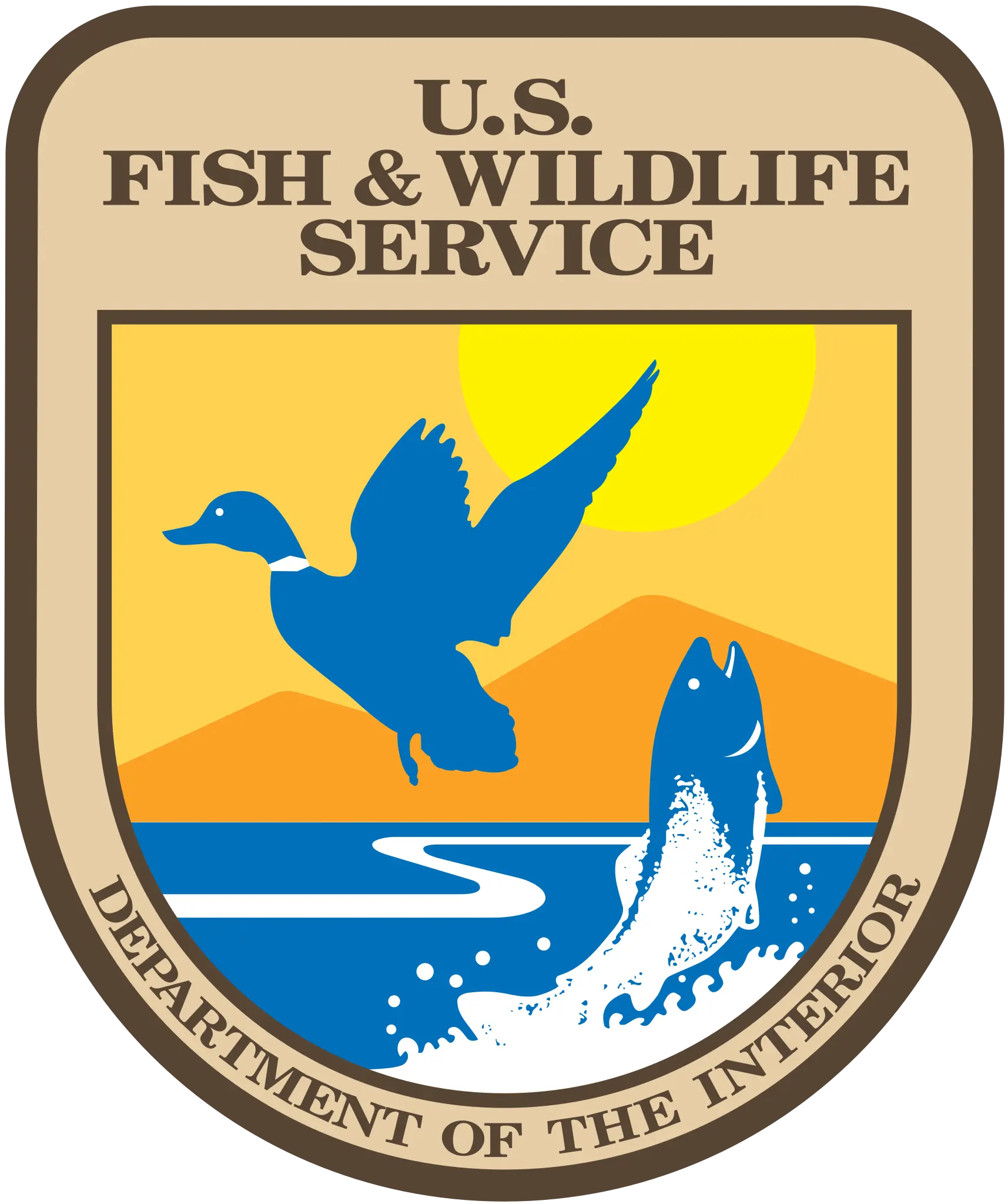 U.S. Fish and Wildlife Service logo featuring a blue duck flying and a fish jumping against a yellow sun and blue water background